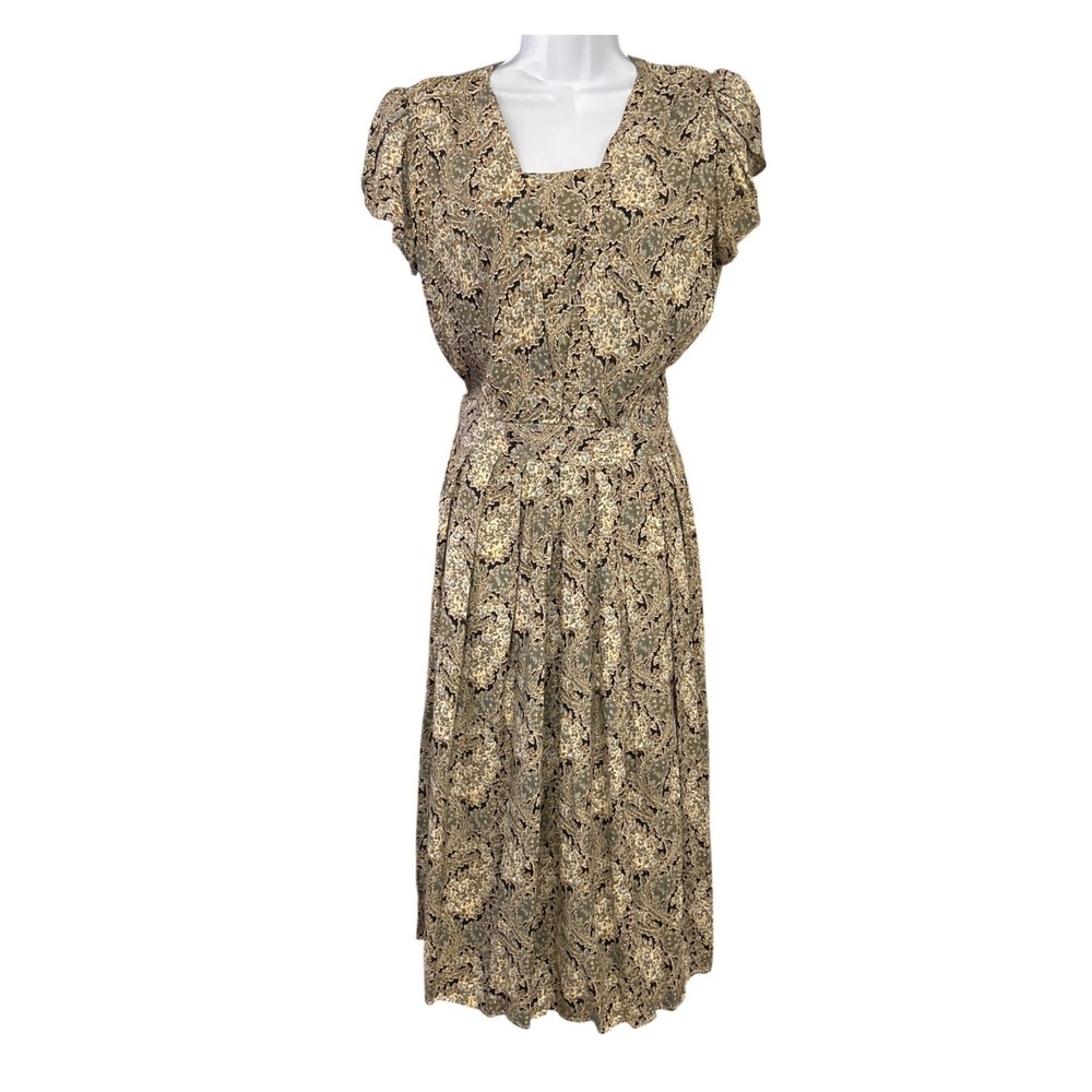 Vintage 90 Karen Stevens Boho Botanical Midi Dress Square Neck Flutter Sleeve 10